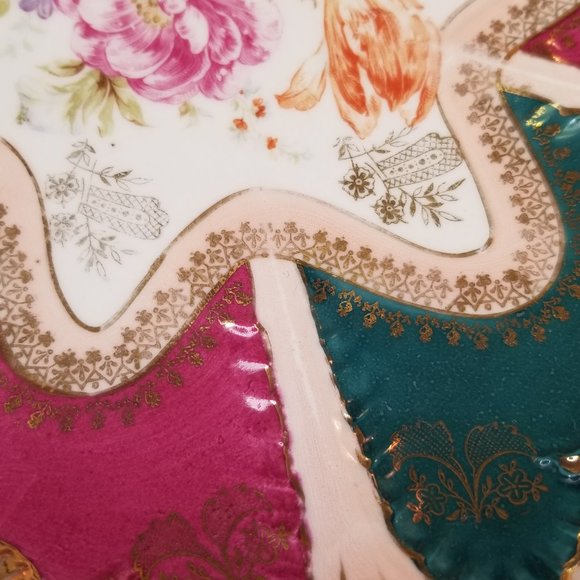 Antique JPF Germany Porcelain Gilded Cake Plate Double Handles Pink Magenta Teal - Picture 3 of 7